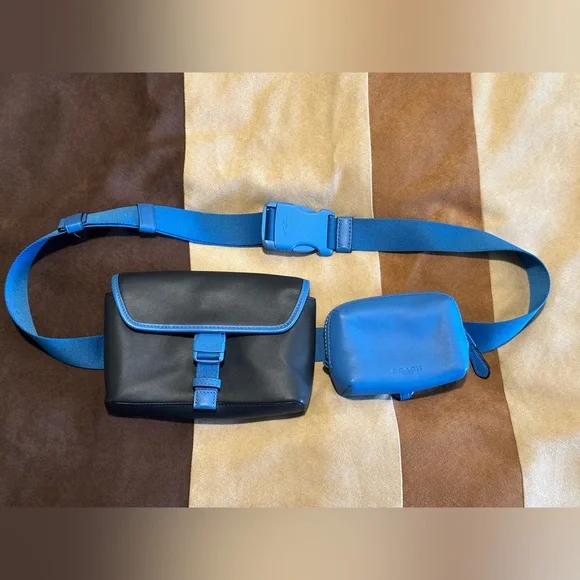 Coach dual-pouch belt bag navy and cerulean blue leather very cool must see - Picture 1 of 4